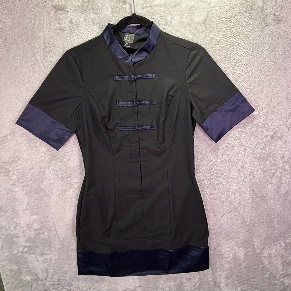 Rituals Womens Tunic‎ Dress 36 Black Navy Frog Closure Mandarin Collar Spa